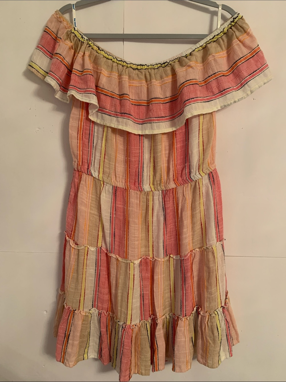 Blue Island Striped Off-Shoulder Summer Dress in Pink and Cream Size XL